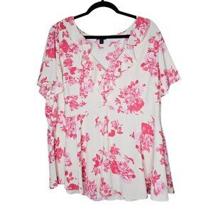 Torrid 2x White Pink Floral Blouse Top Ruffle Babydoll Bloomcore Flounce Cottage